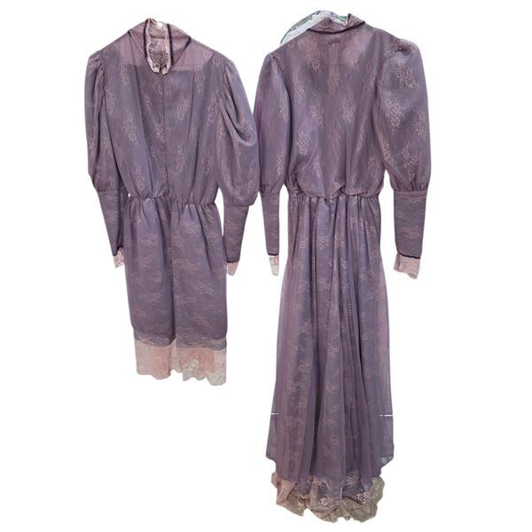Vintage Lavender Lace Long Sleeve Dress with Sheer Overlay & High Neck Detail - Film/TV Wardrobe
