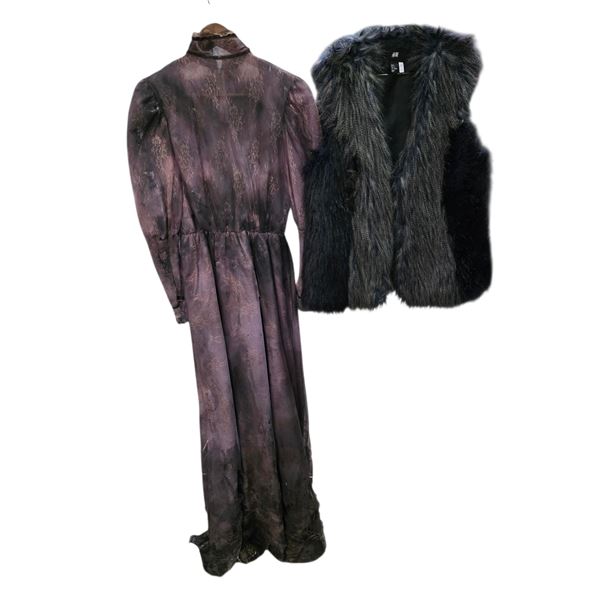Vintage Sheer Lace Maxi Dress with Long Sleeves & Black Faux Fur Vest - Film/TV Wardrobe
