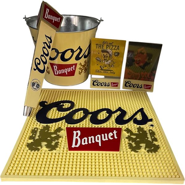Lot of Coors Banquet Barware & Advertising - Beer Bucket, Tap Handle, Bar Mat & Signage Set