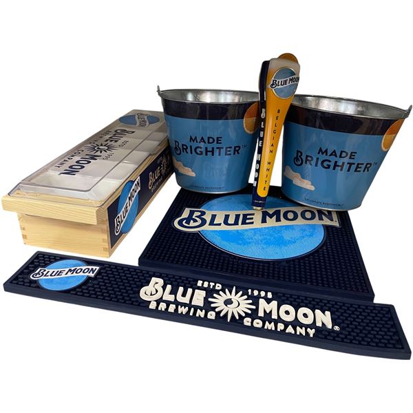 Lot of Blue Moon Brewing Barware & Advertising - Tap Handle, Beer Buckets, Bar Mats & Display Case