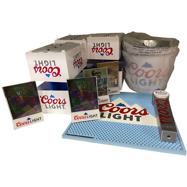 Lot of Coors Light Barware & Advertising - Light Boxes, Tap Handle, Bar Mat & Promotional Displays