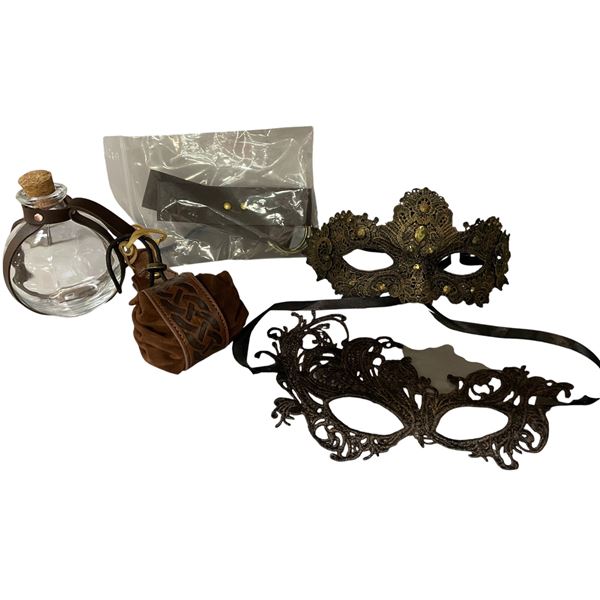 Assorted Costume Accessories - Decorative Masquerade Masks, Leather Pouch & Glass Flask