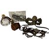 Image 1 : Assorted Costume Accessories - Decorative Masquerade Masks, Leather Pouch & Glass Flask