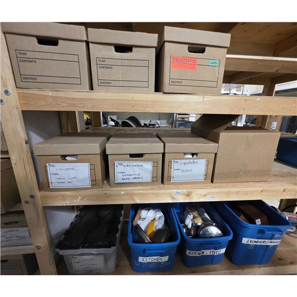 3 Shelves of Misc Set Dec - Kitchen Equip, Table Cloths, Glass Vessels, Dishes, Etc.