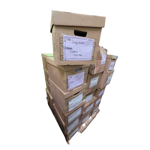 Pallet of Labelled Set Dec Boxes Containing Clothing, Curtains, Books & Misc. Household Items