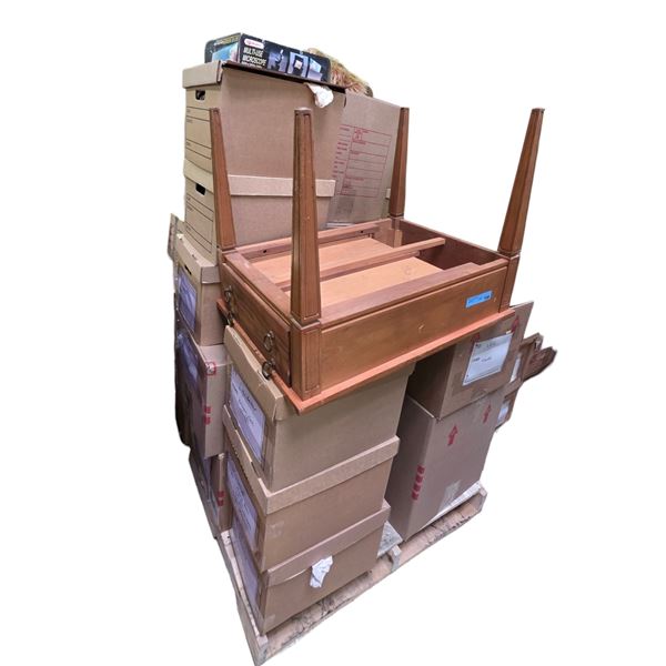 Pallet of Wooden Side Table on Pallet with Labelled Set Dec Boxes & Misc. Household Contents