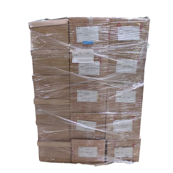 Pallet of Labeled Set Dec Boxes Containing Hats, Gold Buckets, Barware, Decor & Assorted Household I