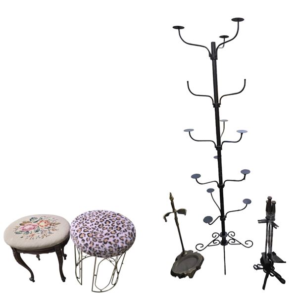 Group of 5 Misc - 2 Stools, Fireplace Parts & Multi-tier Candle Stand (H75")