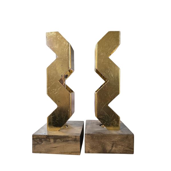 Pair of Modern Gold Geometric Table Lamps on Wood Base