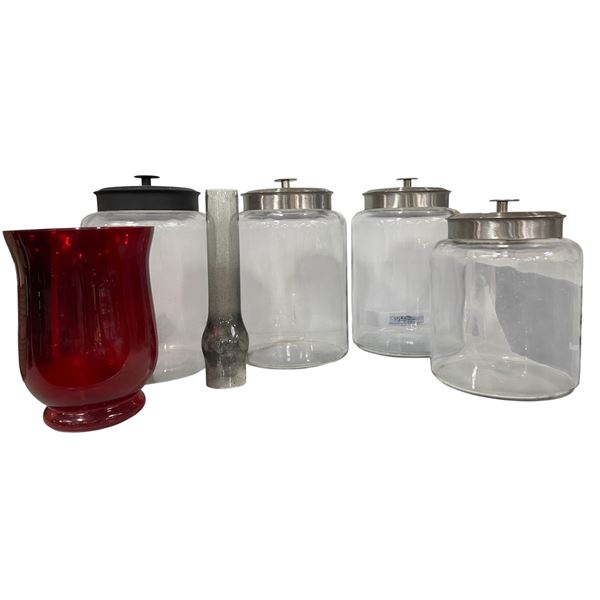 Assorted Glass Canisters with Metal Lids, Red Glass Vase & Decorative Bottle Lot