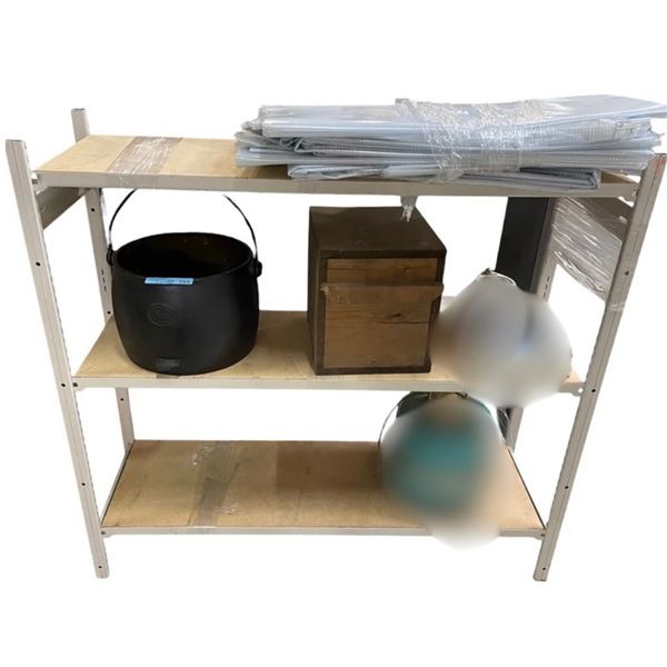 Group of Misc - Cast Iron Cauldron Pot, Wood Decor Box, and 3 Tier Shelf