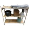 Image 1 : Group of Misc - Cast Iron Cauldron Pot, Wood Decor Box, and 3 Tier Shelf