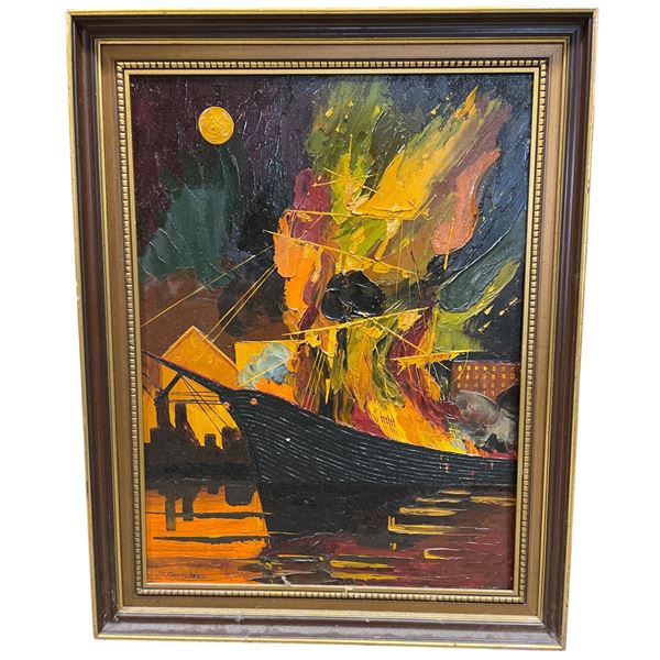 Framed Abstract Oil Painting - Nautical/Harbor Scene