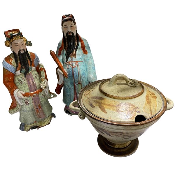 2 Chinese Ceramic Figurines and Stoneware Lidded Pot