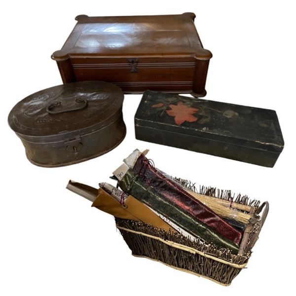 Assorted Vintage Boxes, Woven Basket, Prop Items in Cloth Sleeves