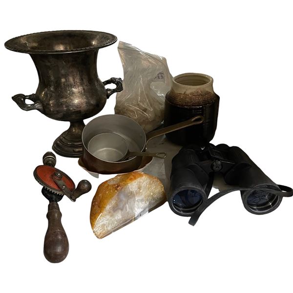 Assorted Vintage Items - Silver-Plated Bucket, Binoculars, Hand Drill, Copper Pots, and Agate Stone