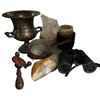 Image 1 : Assorted Vintage Items - Silver-Plated Bucket, Binoculars, Hand Drill, Copper Pots, and Agate Stone