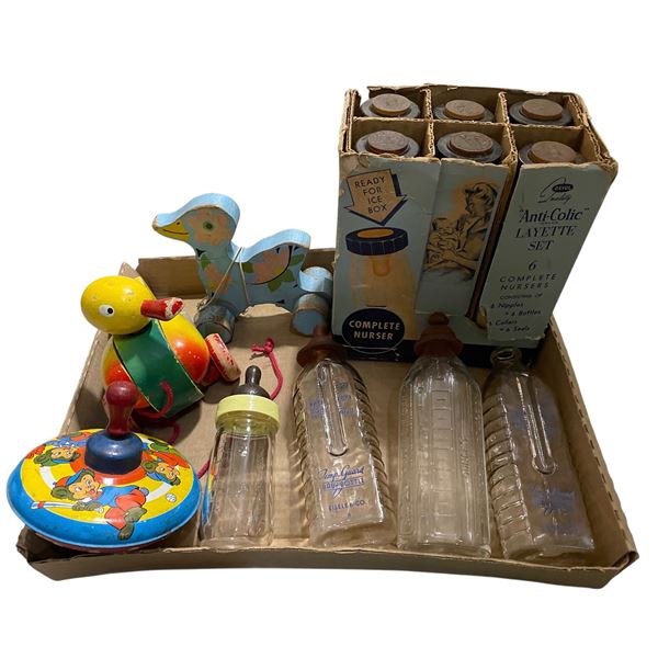 Vintage Nursery Items - Davol Anti-Colic Baby Bottles, Pull Toys, and More