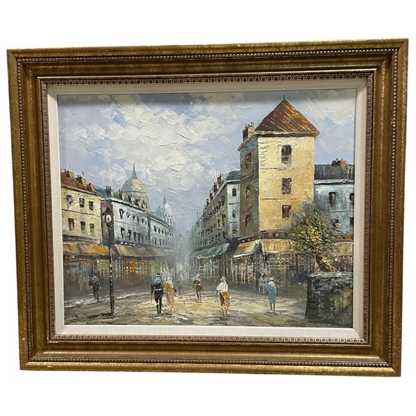 Framed European City Street Scene Painting, H28" x W32"