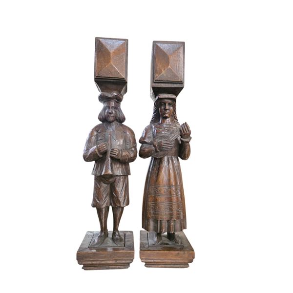 Pair of Carved Wooden Musician Figures, H19" Each