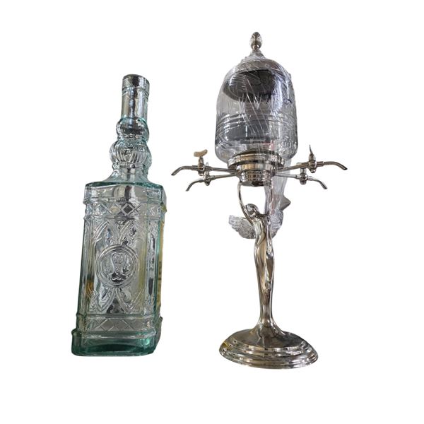 Absinthe Fountain Style Dispenser (H18") and Large Decorative Square Glass Bottle (H23")