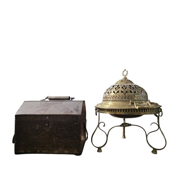 Vintage Pierced Brass Chafing Dish (H20" x Dia. 15") and Wooden Octagonal Box