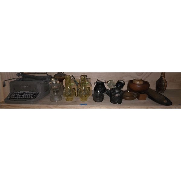 Group of Misc Vintage Items - Underwood Typewriter, Lanterns, Glass Lamps, Decor Wooden and Metal Pi