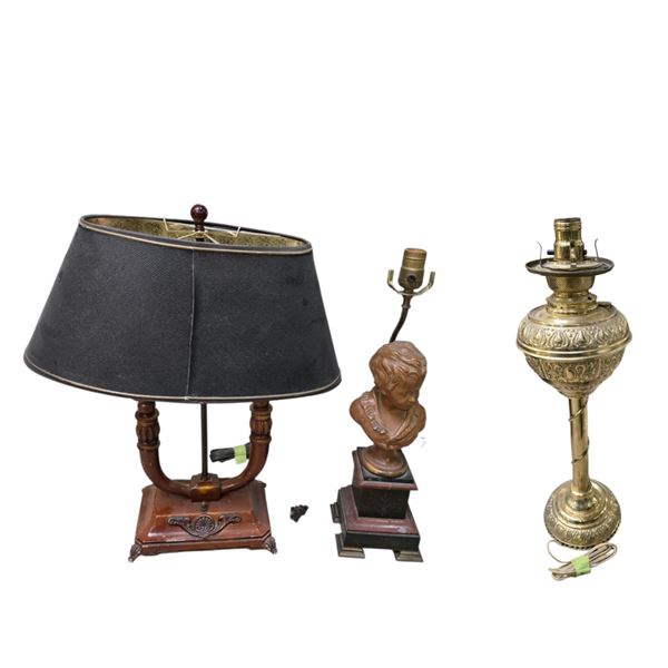 Double-Socket Desk Lamp, Gold-toned and Figural Cherub Bust Lamp Bases (untested)