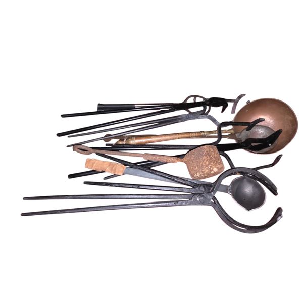 Assorted Metal Tools including Iron Tongs, Ladles, and Pokers