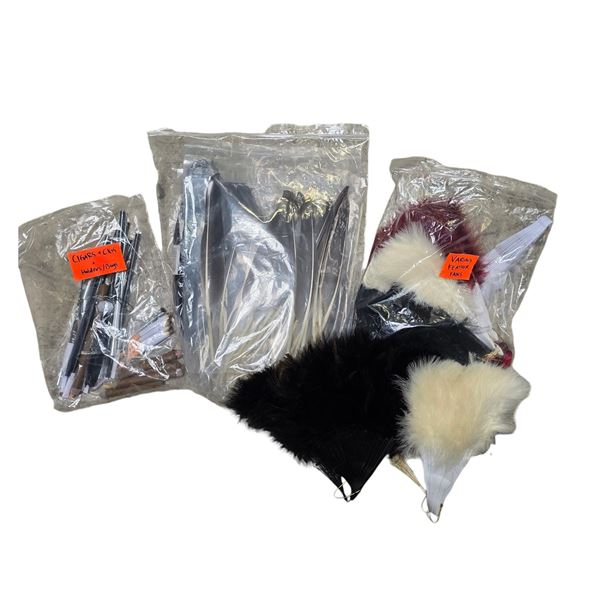 Group of Costume Props including Fake Cigarettes, Pipes, and Feather Fans