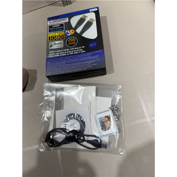 COBY photo keychain and HDMI cord