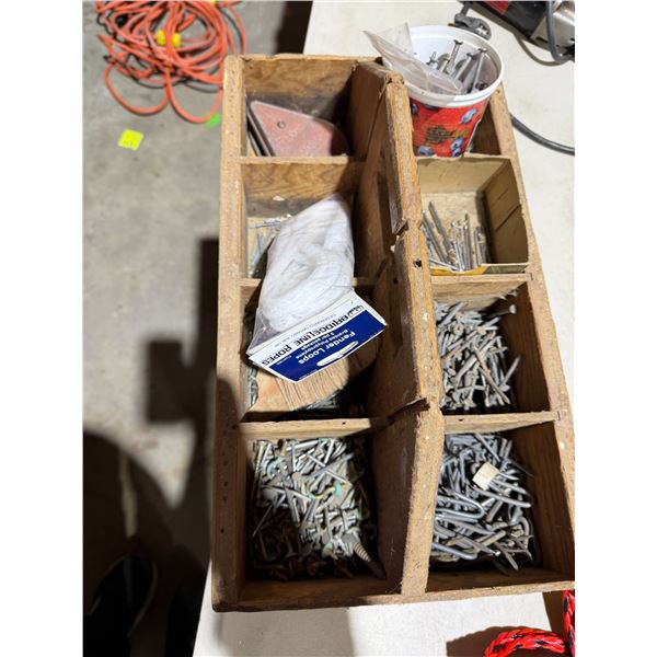 Wood tray with nails, chalk line, etc.