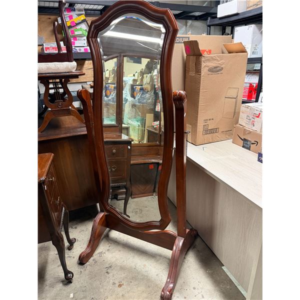 Victorian-style full-length cheval mirror in solid mahogany with a tilting arched frame.