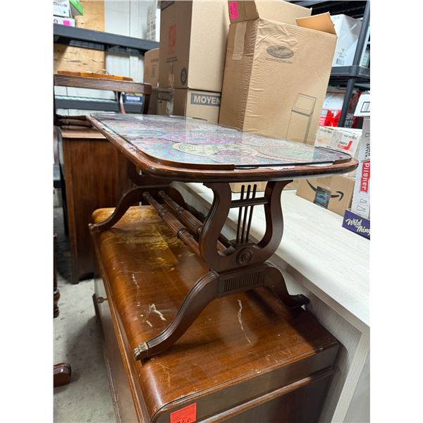 Harp leg Coffee Table measures 3 feet long 18 inches deep and 16 1/2 inches inches tall T
