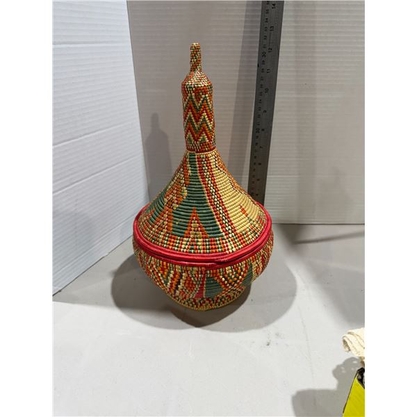 handwoven Ethiopian Harari-style lidded basket, often referred to as a Mesobor Mesobwerk