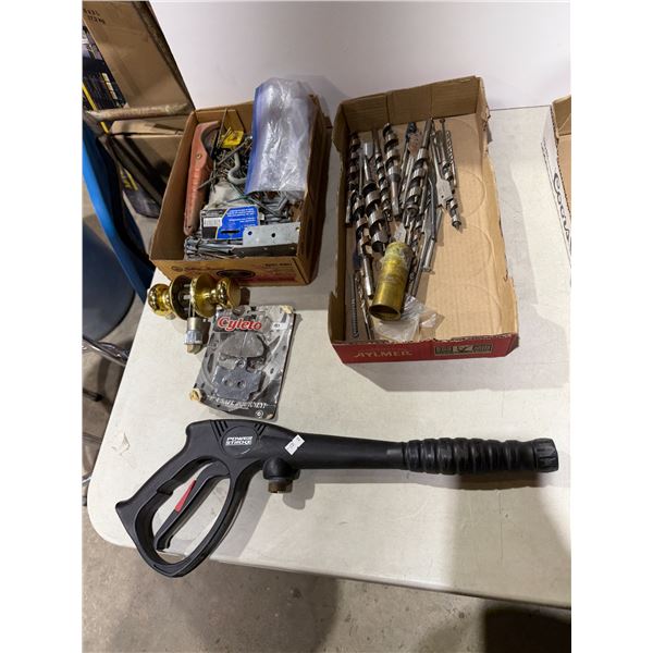 Drill, bits, brake pads, spikes, and other items