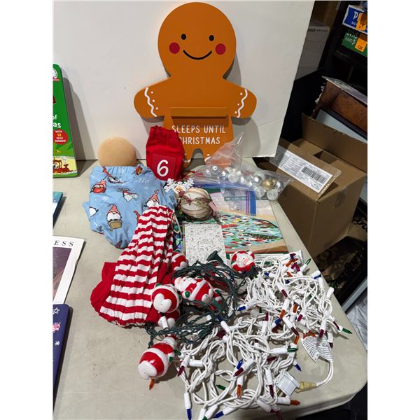 Christmas lights, gingerbread man and other items