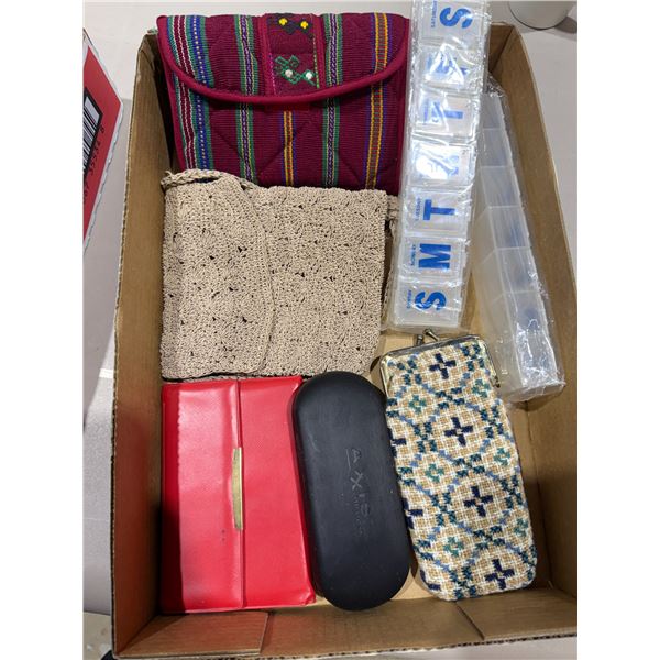 Pill containers, glass cases, purse, etc.