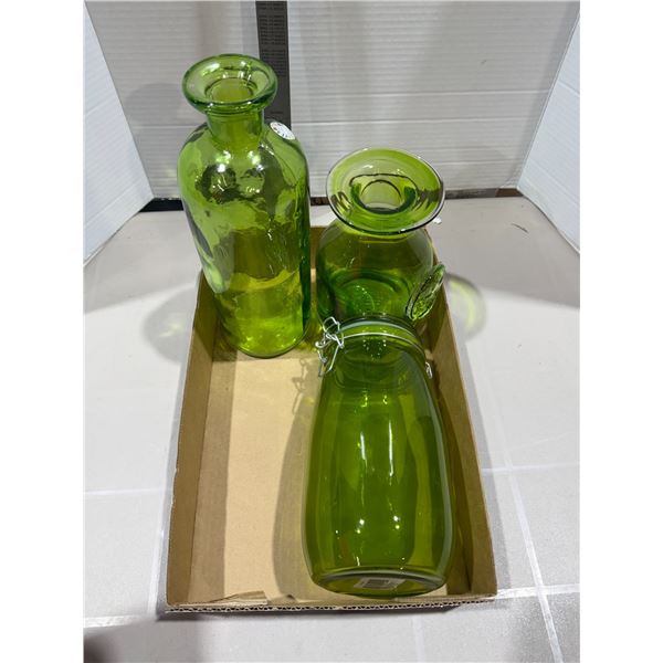 Green vases and jar with lid