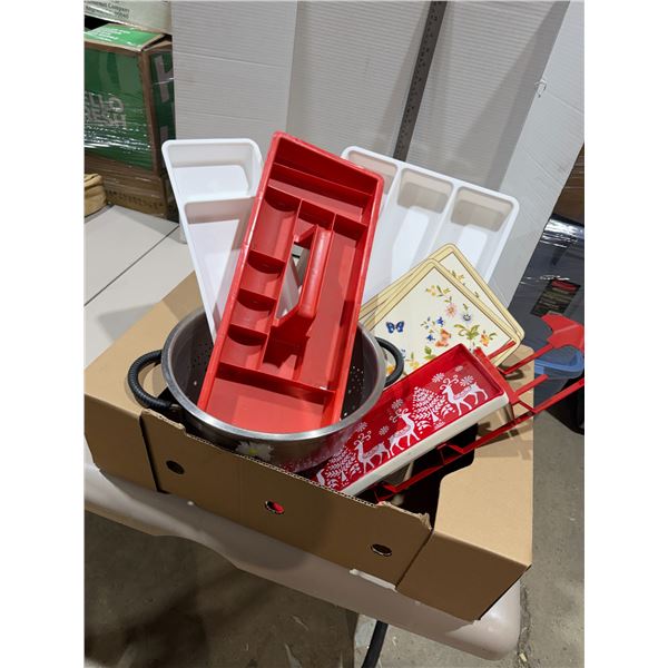 Colander, trays, trivets, drawer, organizer, etc.