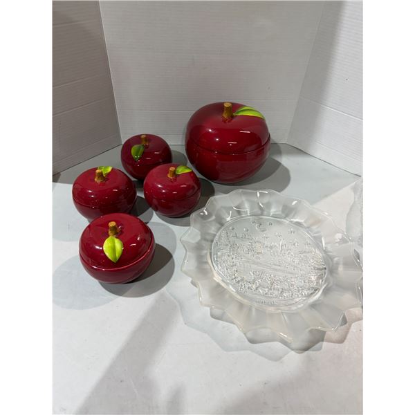 Temptations apple, dishes and a serving tray