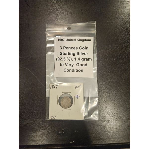 1907 UK Silver 3 pences coin