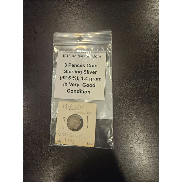 1918 UK Silver 3 pences coin