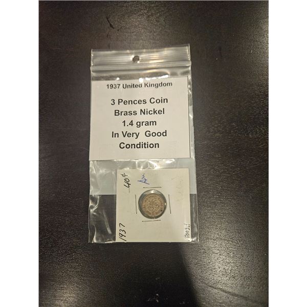 1937 UK 3 pences coin brass nickel