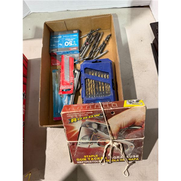 Drill, drillbit, staple gun, and staples
