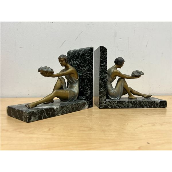 Vintage Art Deco Metal / Marble Bookends - Base: 8 x 3.5" and 6.75" tall