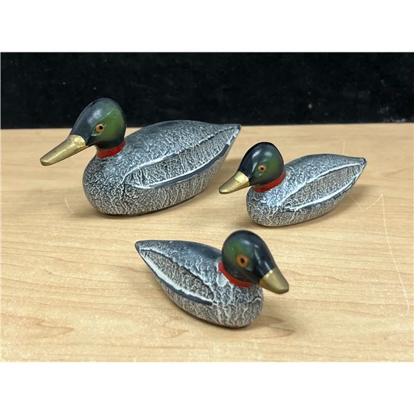 3 Painted Brass Duck Figures - longest 6"