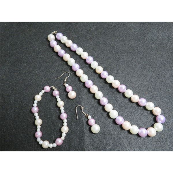 Beautiful white, purple & pink pearl necklace, bracelet and earrings set with 925 silver clasps