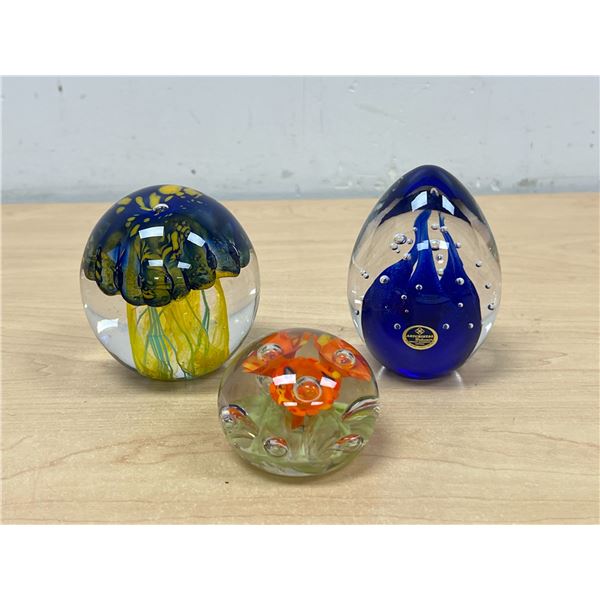 3 Signed / Embossed Art Glass Paperweights - tallest 3.75" - see all photos