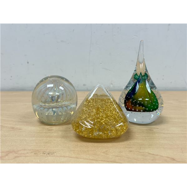 3 Signed Art Glass Paperweights - tallest 5.25" - see all photos